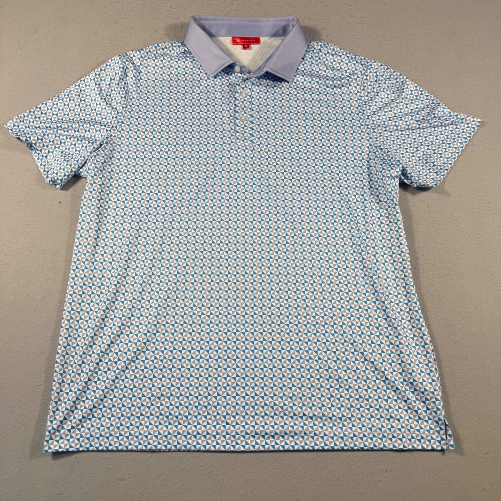 Redvanly Mens XL Golf Polo Blue White Geometric Triangle Short Sleeve Stretch
